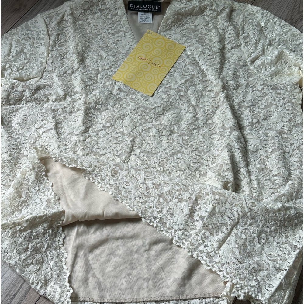 Women’s Dialogue Ivory Standing V-neck Lined Bodice Lace Top Sz:Large NWT